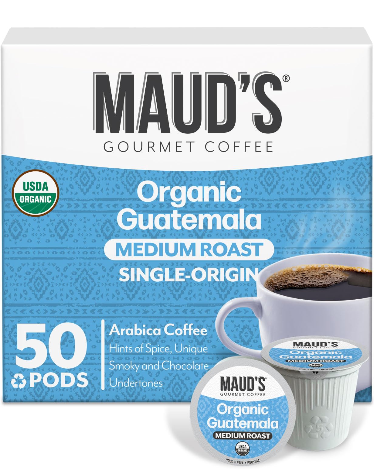 Maud's front packaging showing 50-count pod box and product branding benefit of clear quantity