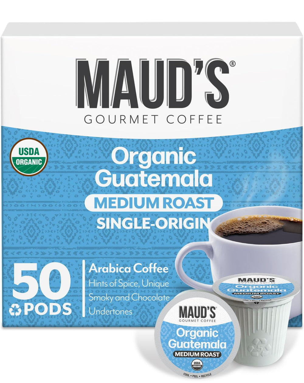 Maud's front packaging showing 50-count pod box and product branding benefit of clear quantity