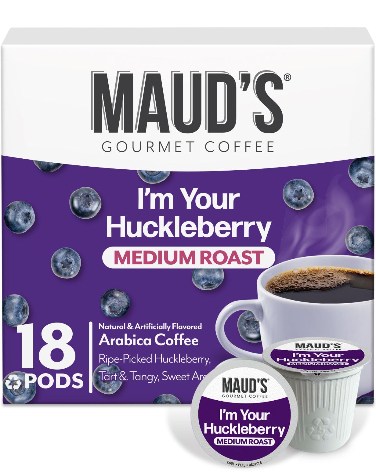 MAUD'S front packaging 18ct pods showing flavor and benefits