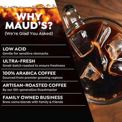 MAUD'S cold brew poured over glass full of ice, illustrating smooth low-acidity refreshment