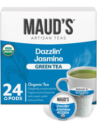 MAUD'S front packaging of jasmine green tea pods showing 24-count convenience and organic label