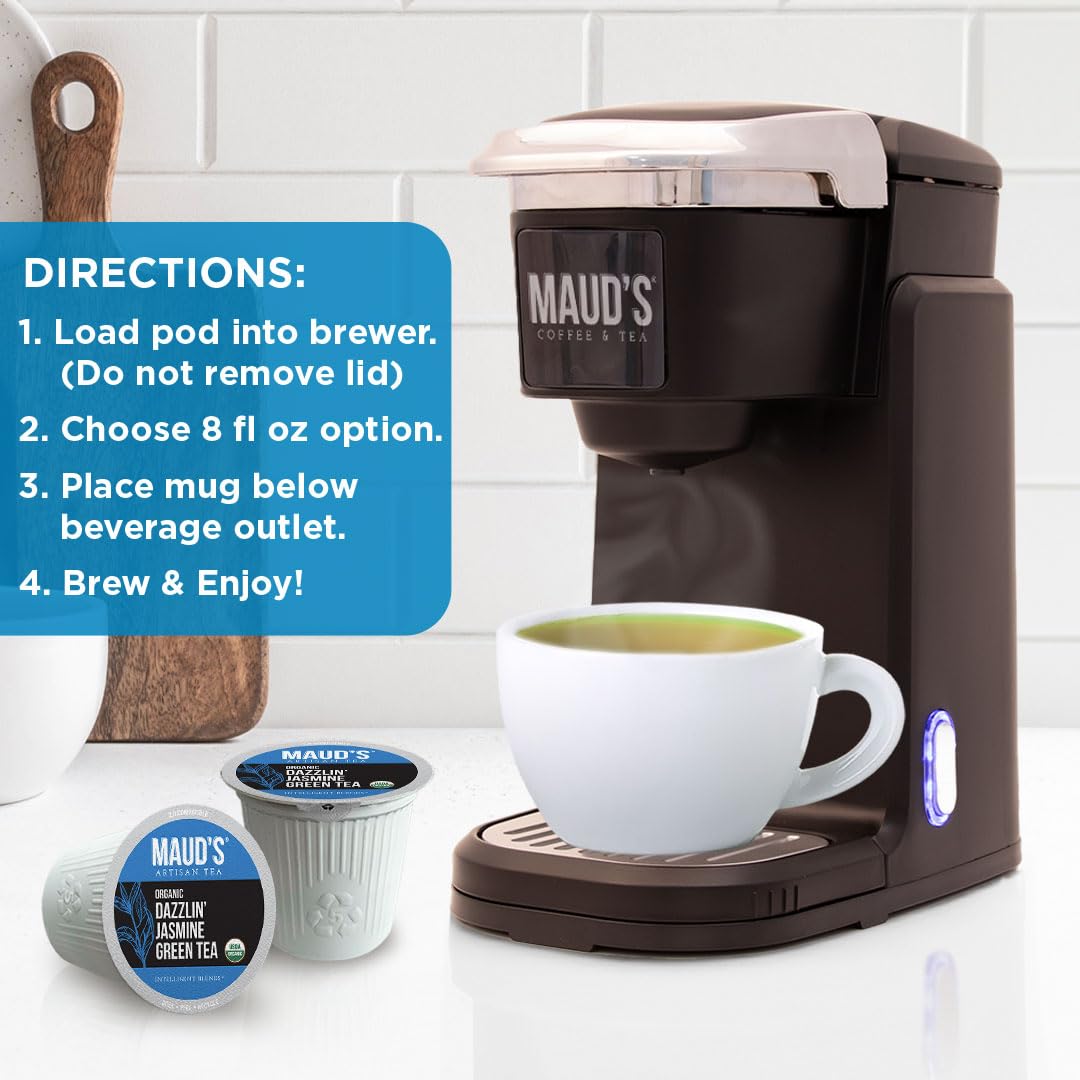 MAUD'S 24-count pods next to a teacup showing pack scale and on-demand single-serve convenience
