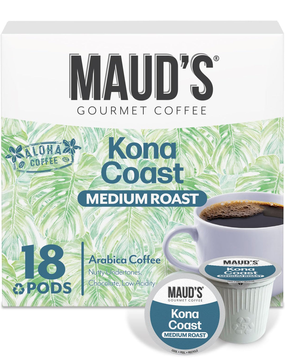 Maud's front packaging showing 18ct pods and smooth Kona benefits