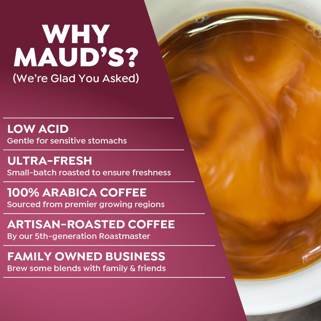 Maud's label and flavor list displaying nine dark roast options