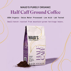 Maud's label close-up highlighting Swiss Water and organic certification benefit