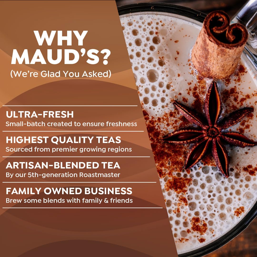 Maud's espresso chai latte being poured into a mug showing creamy texture and aroma
