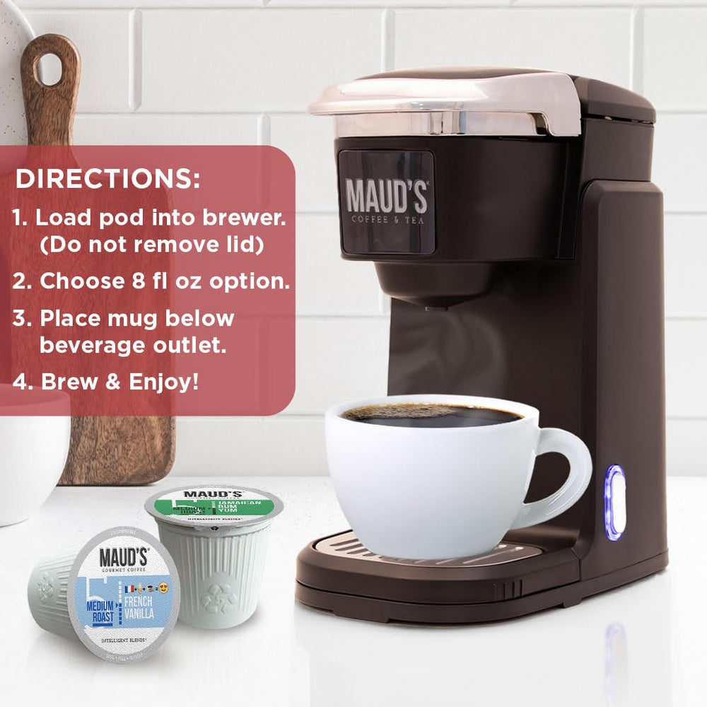 MAUD'S pods beside breakfast plate in kitchen setting, pairs well with morning meals benefit