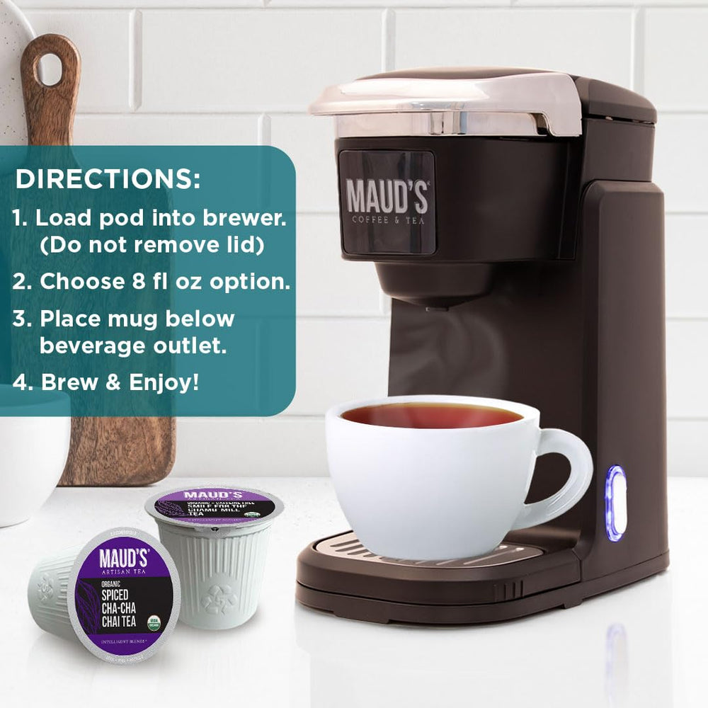 Maud's morning cup on table with box in background suggesting convenient daily ritual