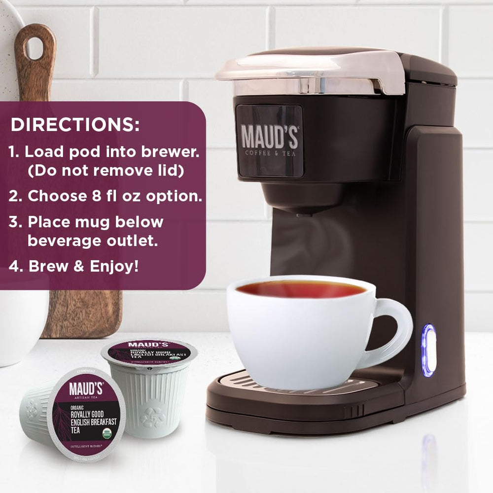 Maud's cup of brewed tea on a kitchen counter evoking effortless morning ritual