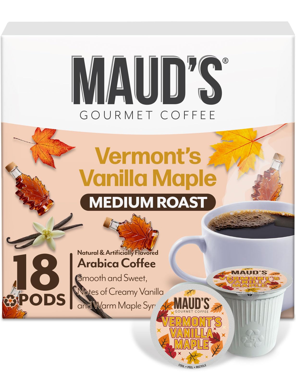 Maud's front packaging showing 18ct pods and cozy maple vanilla branding for easy selection