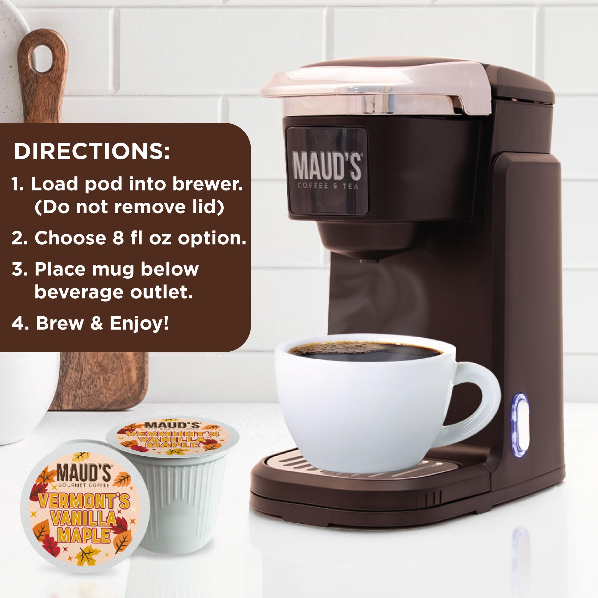 Maud's pod in hand for scale demonstrating compact single-serve portability and quick brewing