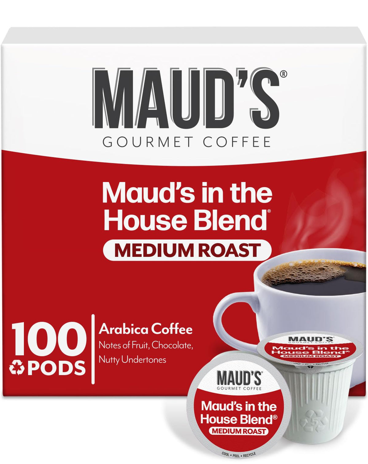 MAUD'S front packaging showing 100ct pods and clear flavor branding for convenience