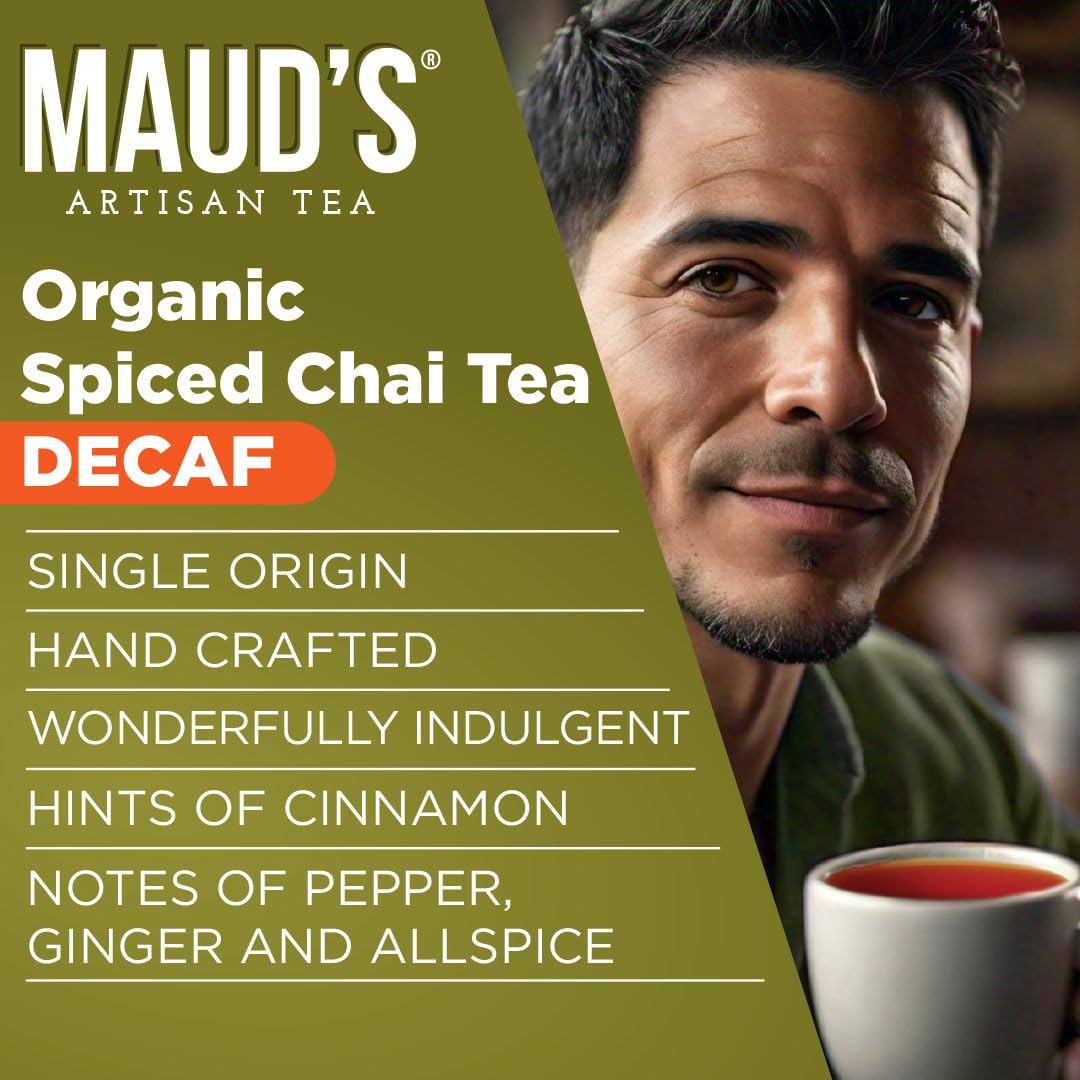 Maud's brewed decaf chai cup top view with steam and aromatic spices benefit