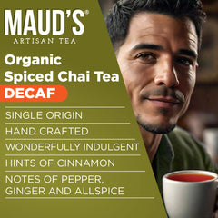 Maud's brewed decaf chai cup top view with steam and aromatic spices benefit