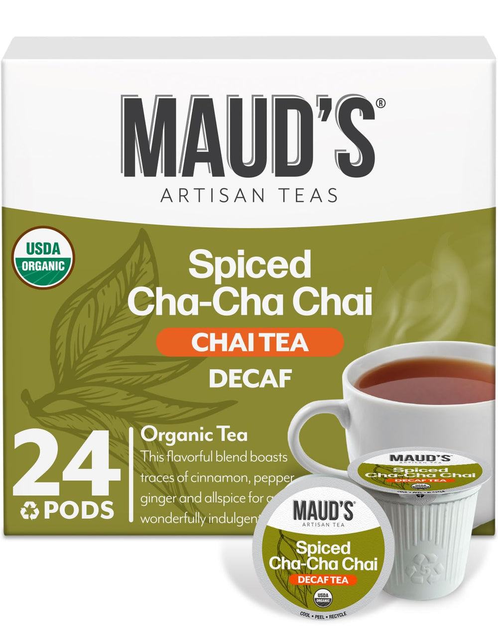 Maud's front packaging showing 24ct box and organic label for dependable taste