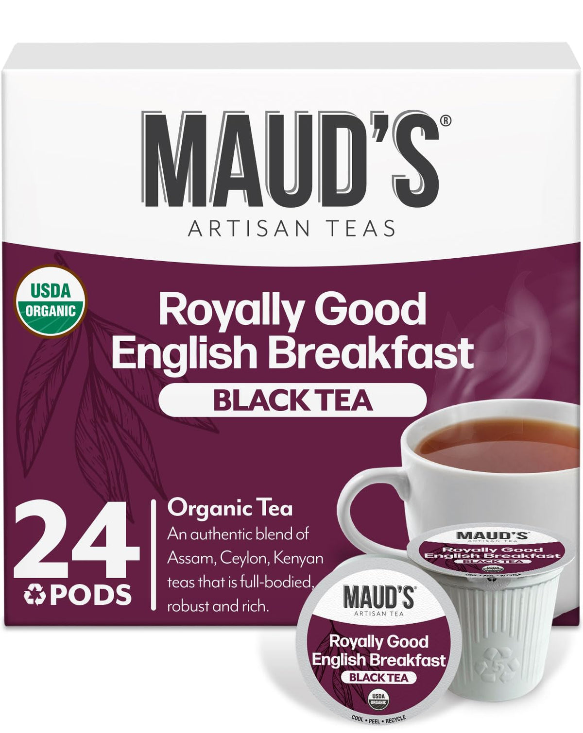 MAUD'S front packaging showing 24 pods and bold breakfast tea flavor benefit