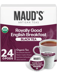 MAUD'S front packaging showing 24 pods and bold breakfast tea flavor benefit