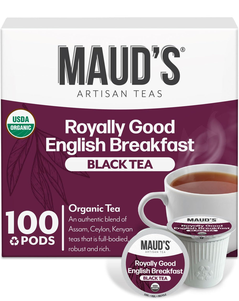 Maud's front package showing 100 organic English Breakfast pods and brand clarity