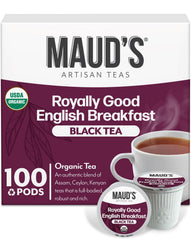 Maud's front package showing 100 organic English Breakfast pods and brand clarity