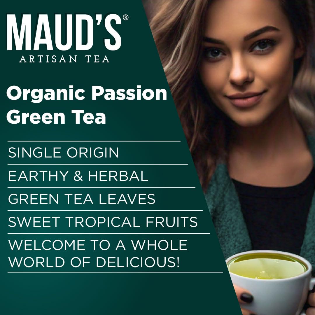 MAUD'S brewed cup of passion green tea steaming with tropical aroma