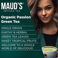 MAUD'S brewed cup of passion green tea steaming with tropical aroma