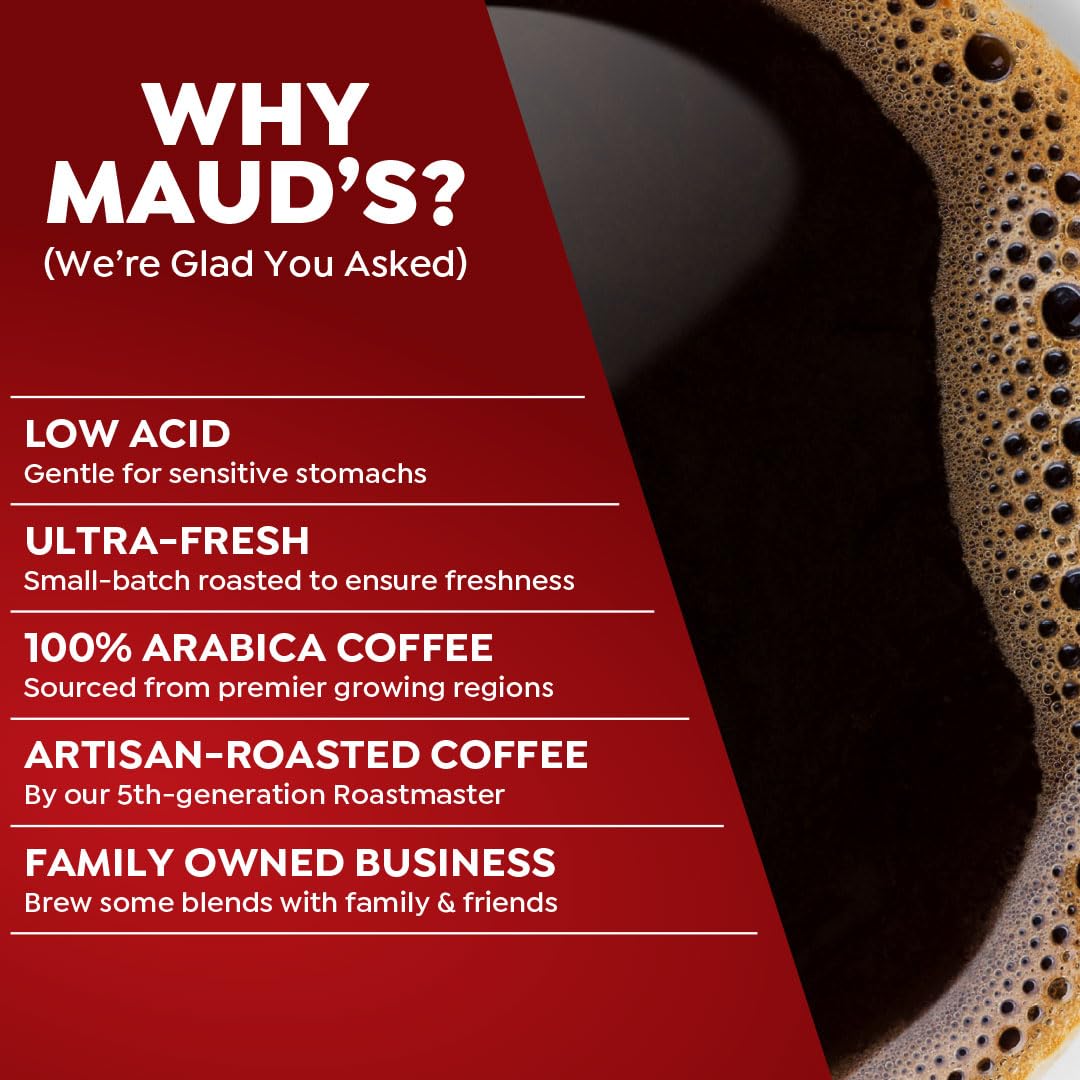 Freshly poured cup from MAUD'S pods with steam highlighting rich aroma benefits