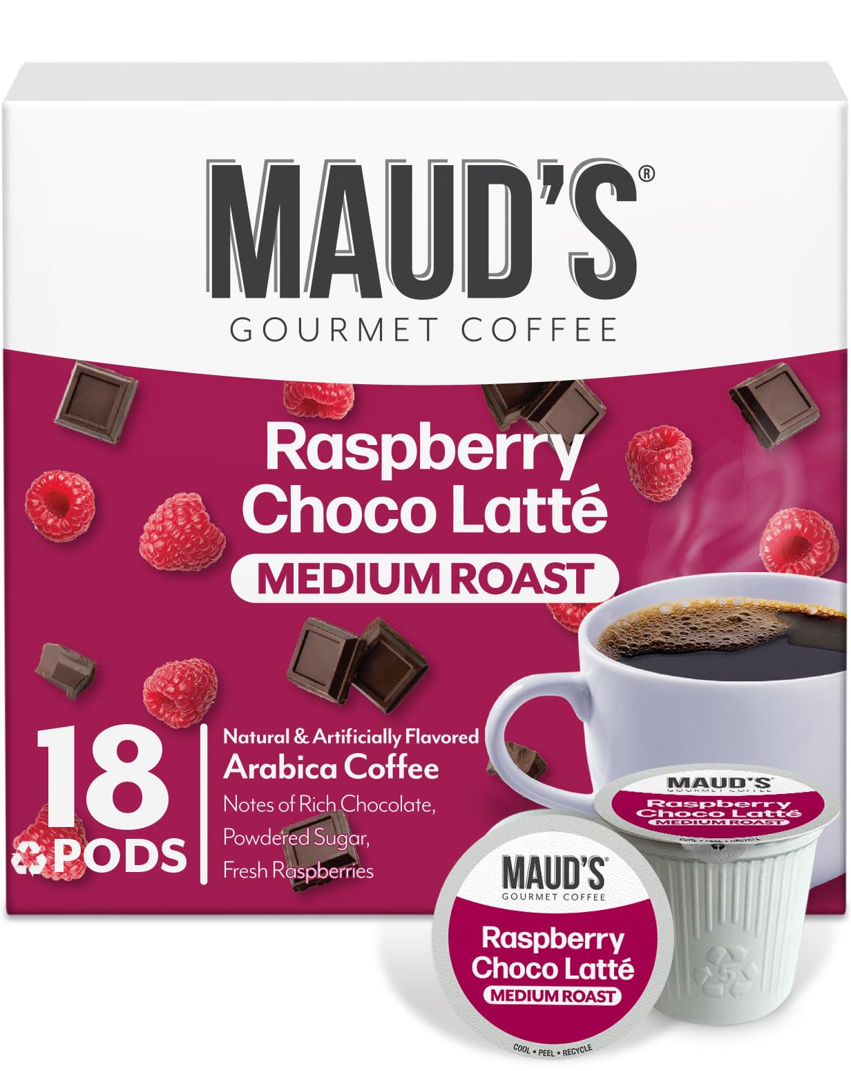 MAUD'S front packaging showing 18ct pods and flavor for quick selection