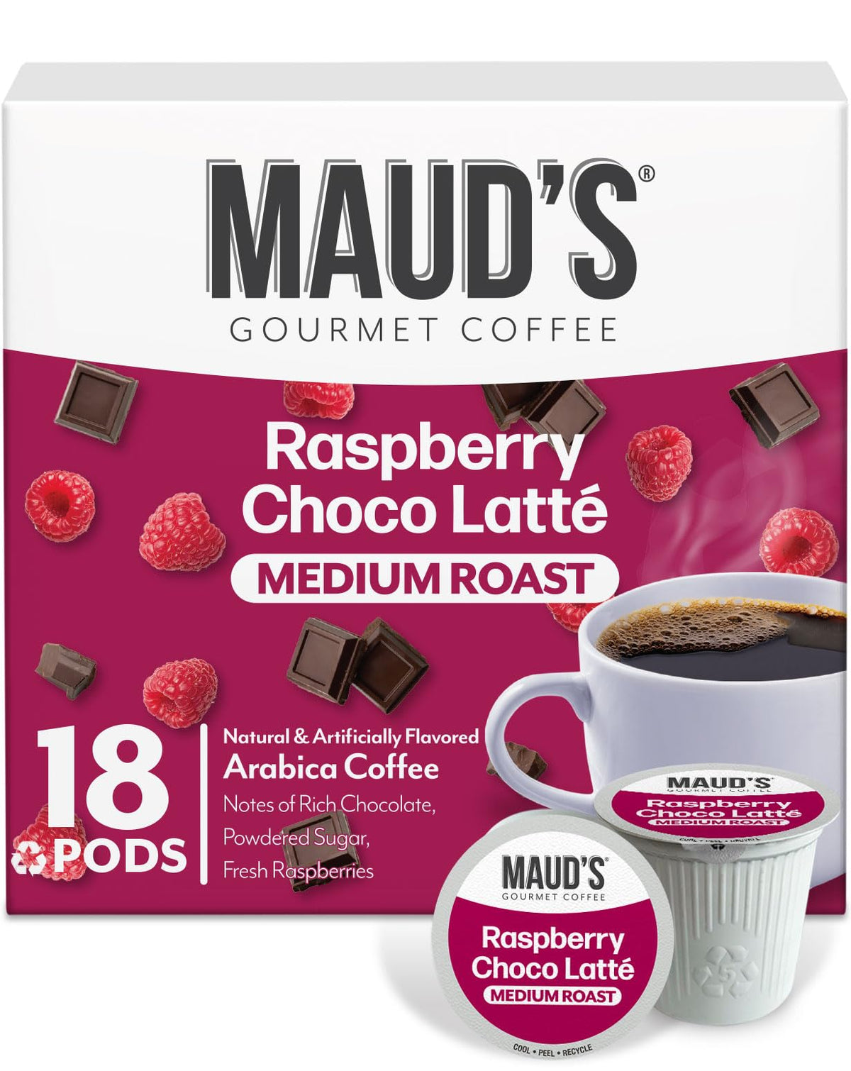 MAUD'S front packaging showing 18ct pods and flavor for quick selection
