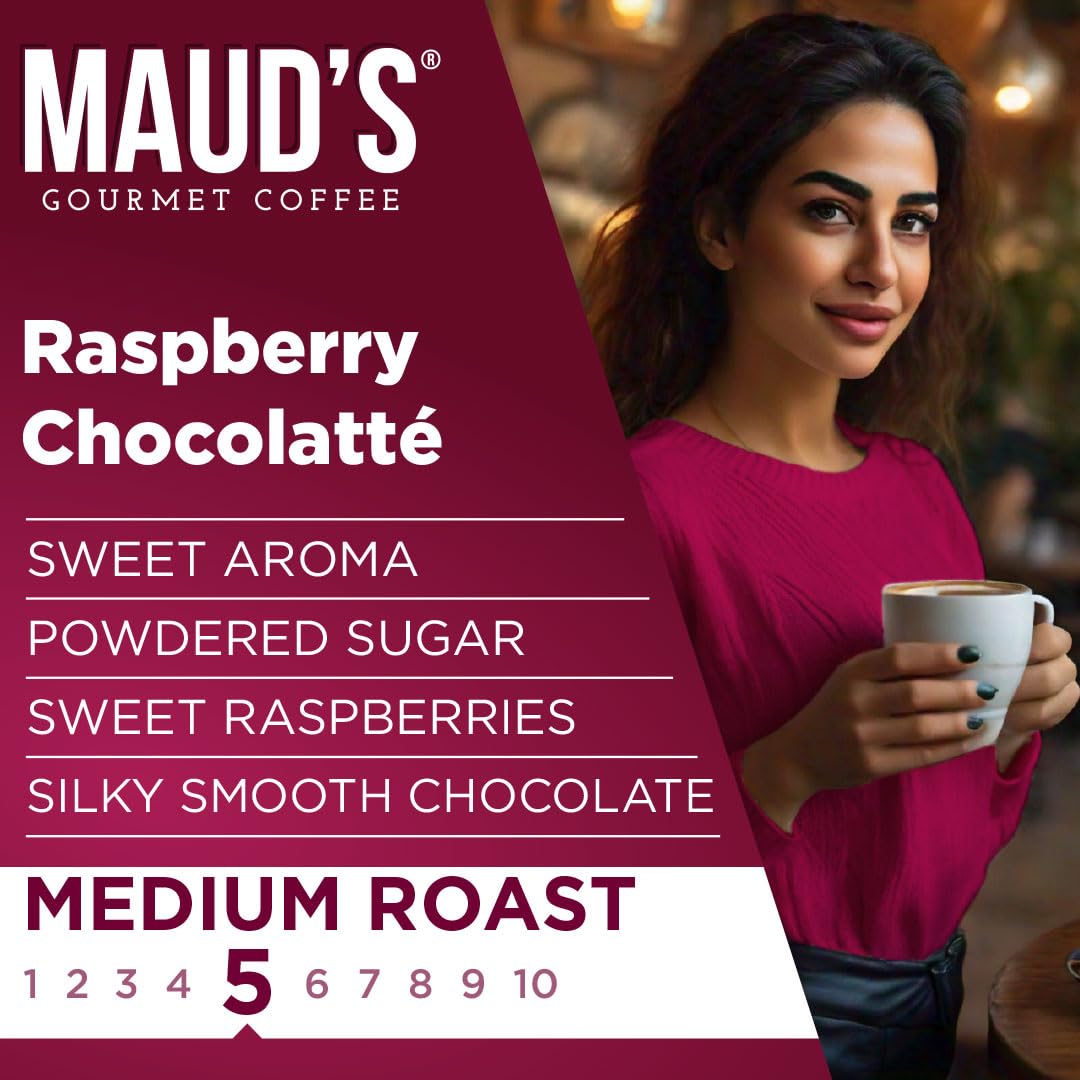 MAUD'S steaming hot cup showcasing raspberry chocolate flavor and quick preparation