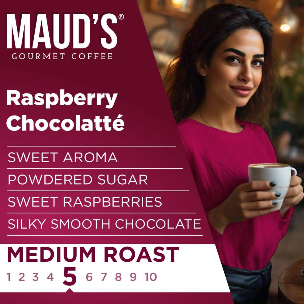 MAUD'S steaming hot cup showcasing raspberry chocolate flavor and quick preparation