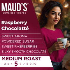 MAUD'S steaming hot cup showcasing raspberry chocolate flavor and quick preparation