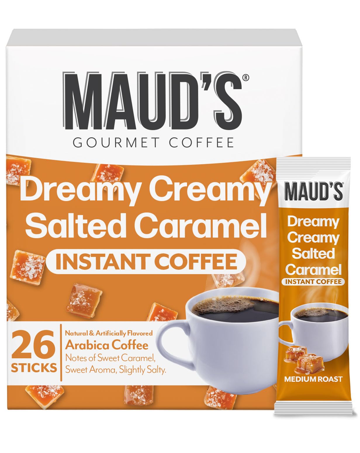 Maud's box front view showing salted caramel packets and benefits