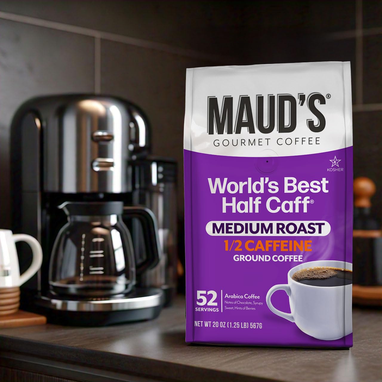 MAUD'S 20oz bag beside a measuring scale showing quantity and portion clarity