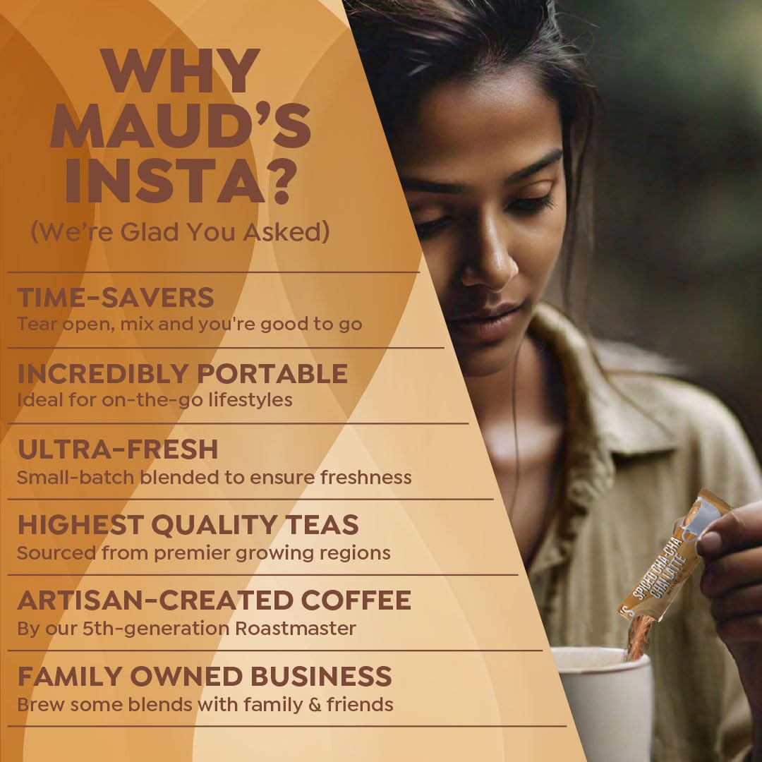 Maud's hot mug of chai latte steaming, delivering warm daily comfort