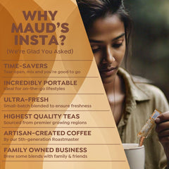 Maud's hot mug of chai latte steaming, delivering warm daily comfort