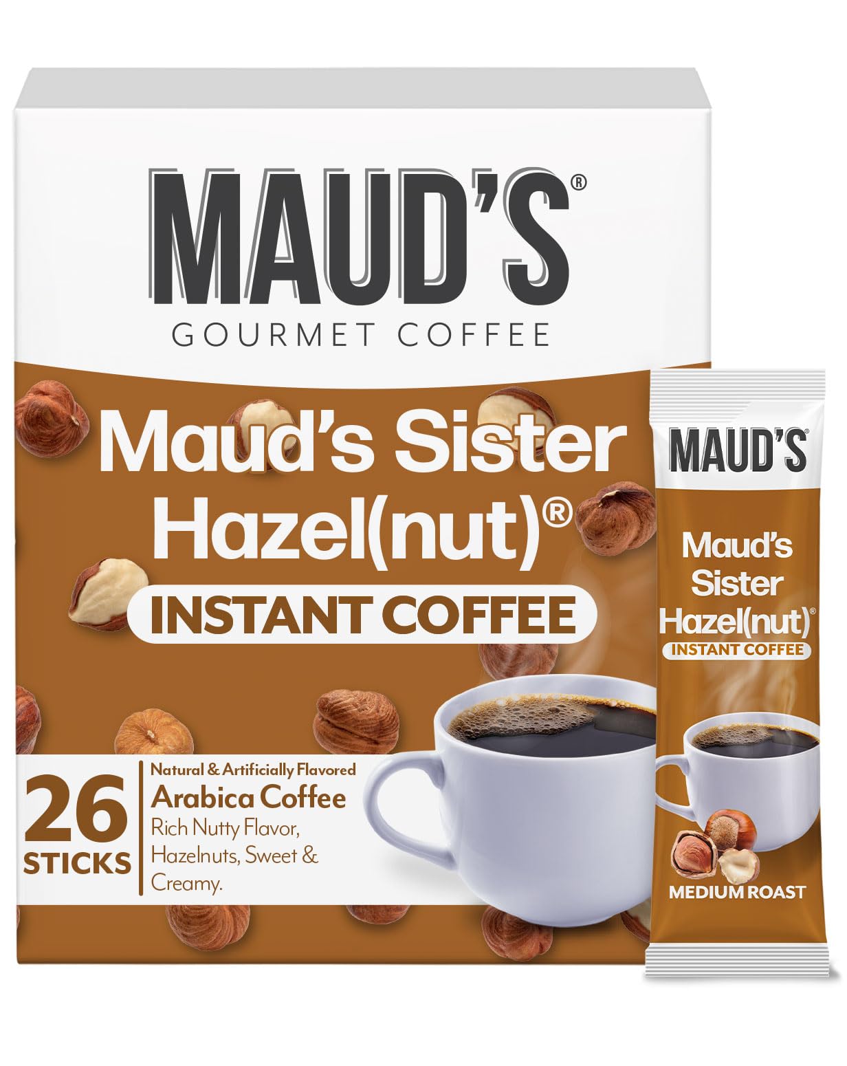 Maud's front box showing 26 sachets and product branding for easy storage