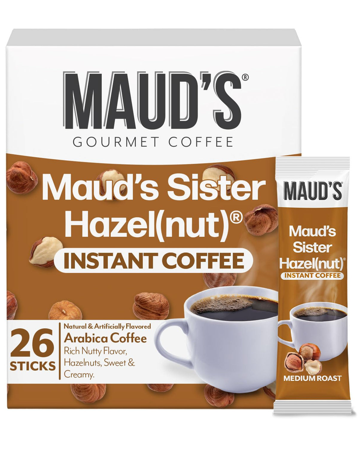 Maud's front box showing 26 sachets and product branding for easy storage