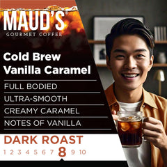 MAUD'S coffee pouring over ice from a brewer, highlights refreshing iced flavor