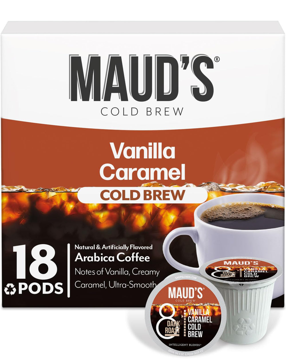 MAUD'S front packaging showing 18ct pods and flavor label, highlights convenience