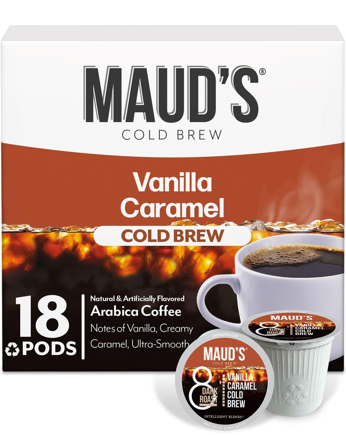 MAUD'S front packaging showing 18ct pods and flavor label, highlights convenience