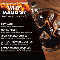 MAUD'S steaming hot cup made from a pod, emphasizes warm vanilla caramel comfort