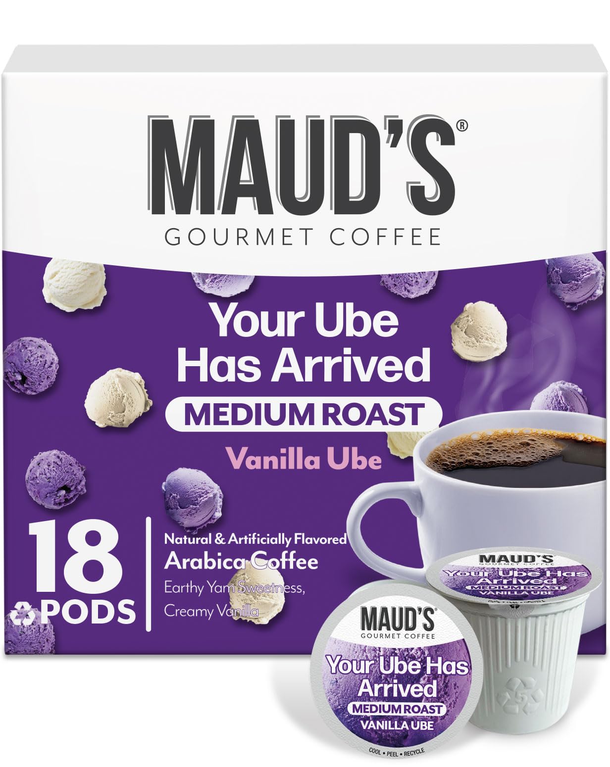 Maud's front packaging showing 18-count pods and flavored blend benefits