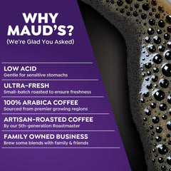 Maud's label detail displaying Arabica sourcing and sustainable production notes