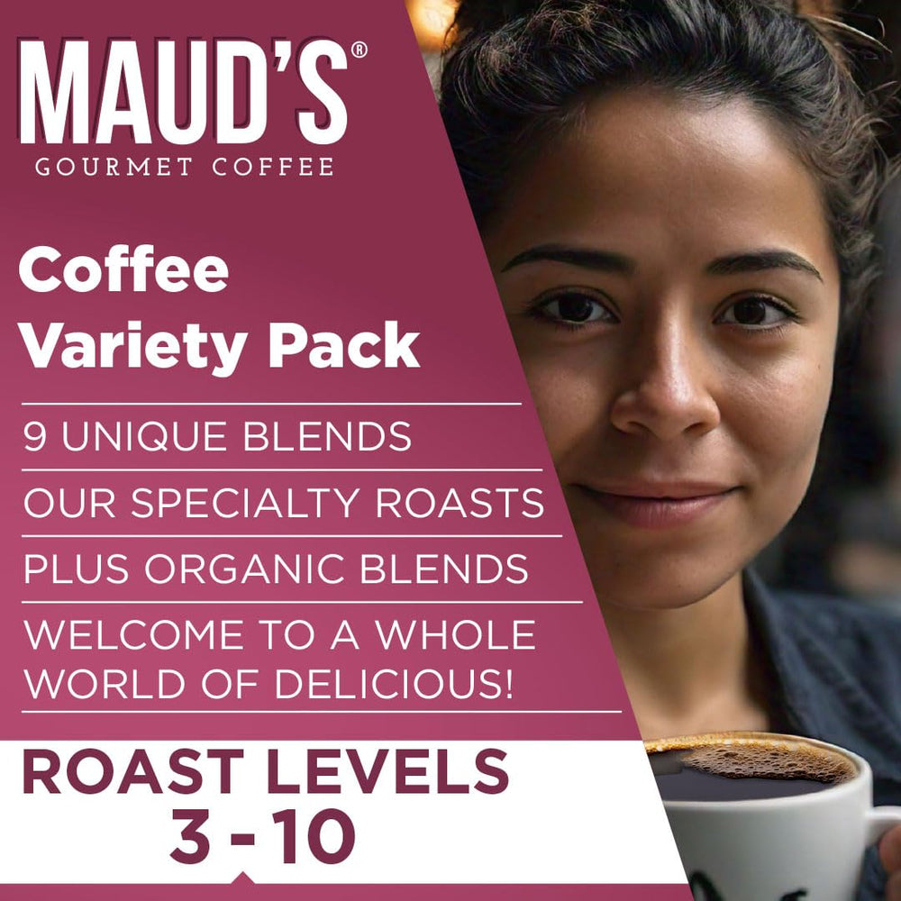Maud's assortment display of nine roast names highlighting flavor range