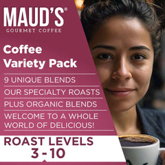 Maud's assortment display of nine roast names highlighting flavor range