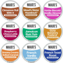MAUD'S front box view showing 40-count variety pack and flavor list, easy selection benefit