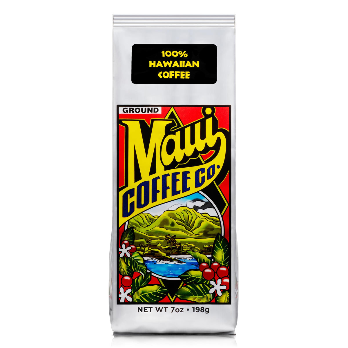 Maui Coffee Co front packaging showing island-grown branding and low-acid benefit