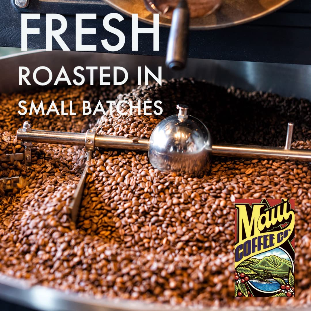 Maui Coffee Co Lahaina roastery stamp on label, emphasizes small-batch island roasting