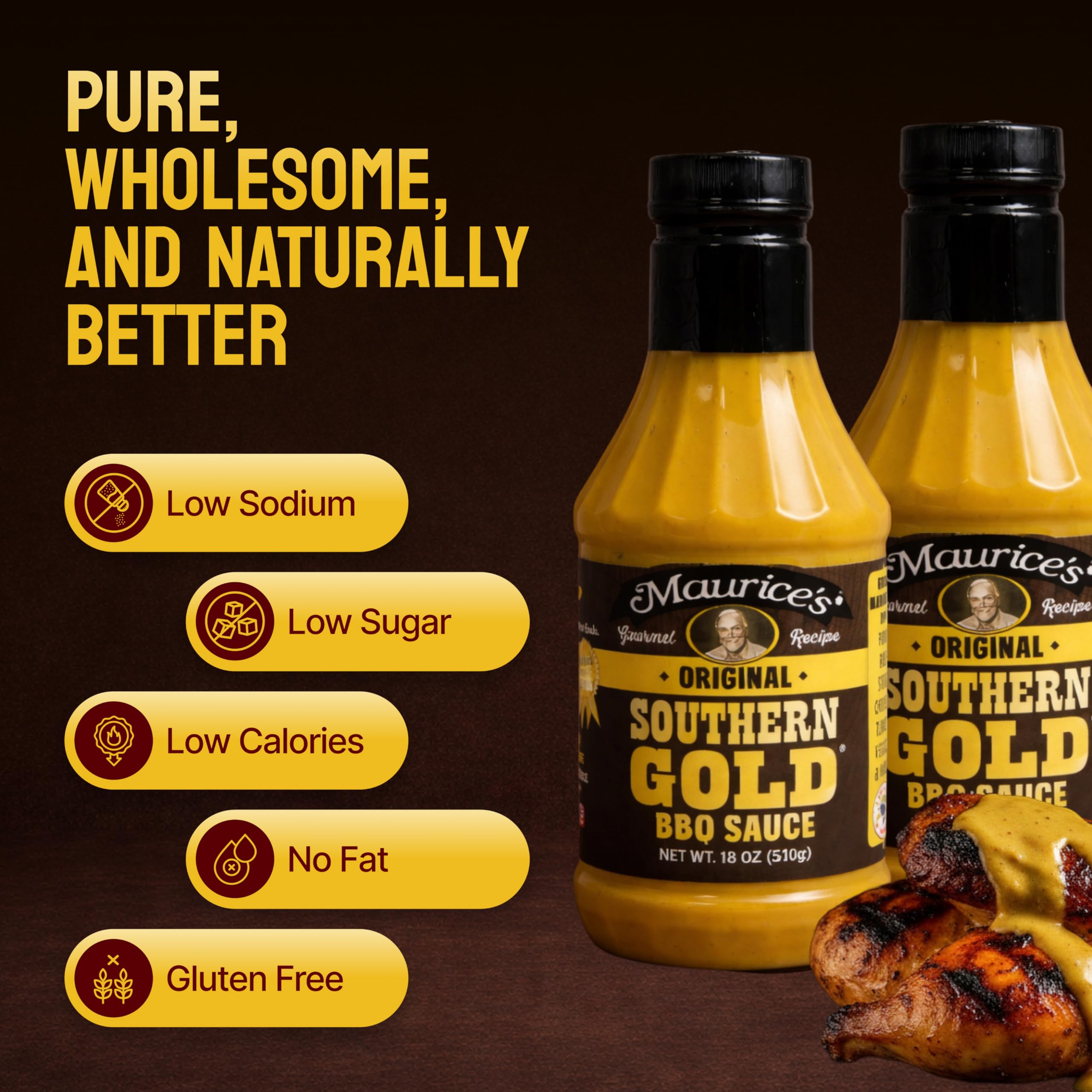 Maurice's sauce pouring from bottle to show texture and golden mustard color