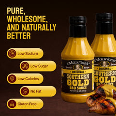 Maurice's sauce pouring from bottle to show texture and golden mustard color